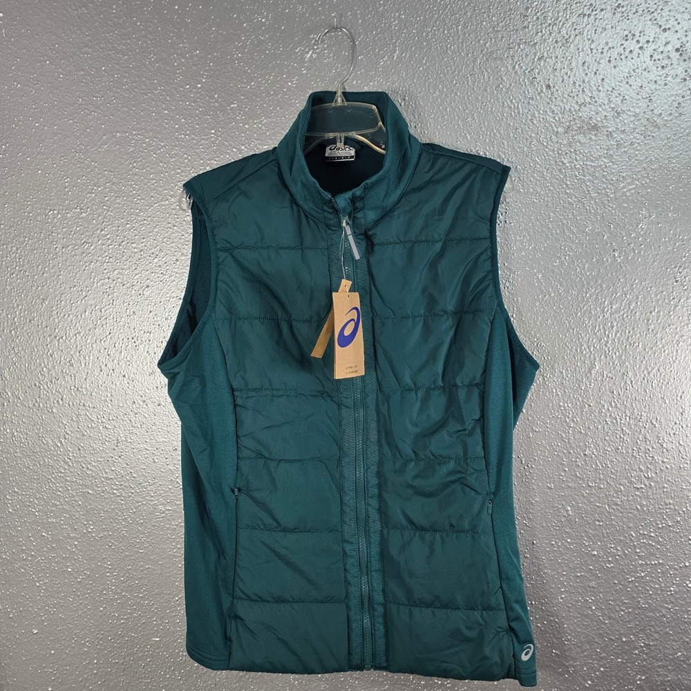 Asics Women Teal Green Knit Fleece Quilted Panel Full Zip Running Vest L NWT
